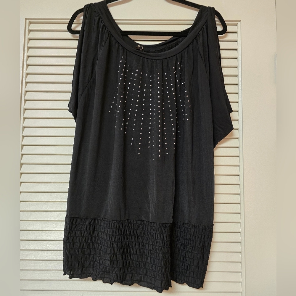 Loving It - (Plus-Size) Black Cold-Shoulder Top With Silver Embellishments